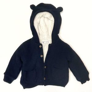 Minoti • baby fleece lined cotton cardigan sweater buttons hood ears • 9 months